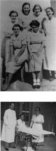 NURSES: Top, back row, left to right: Margaret Powell, Susan Sutor, Anne Mur-ray and Patience Darton; seated: Agnes Hodgson and Mary Slater, at Poleniño Hos-pital, Aragon, in 1937. Bottom: Margaret Powell in Barcelona Hospital No.7 in 1938 with Dr Gonzalo Aguiló Mercader (left) and unidentified other person.