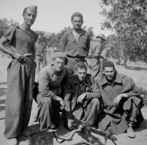 Leonard Levenson, Paul Sigel, Emanuel Mandel, Elkan Wendkos, and Paul MacEachron at Azaila, Spain, Oct. ’37. ALBA Photo 011, 11_0729. Tamiment Library