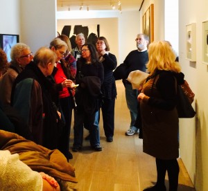 The interested audience looks at an early Motherwell work inspired by a Lorca poem, "Death at 5 in the Afternoon," which was the inspiration for the Elegies series. In the back row are Abby London Crawford, the family of VALB Ernest Amatniek and Jane Shufer, daughter of VALB Max Shufer.