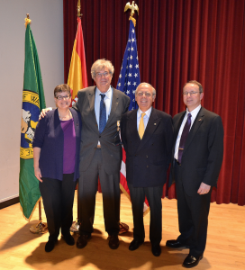 From left, UW President Ana Mari Cauce; Geist; Luis Fernando Esteban, Spain’s honorary consul in Washington state; and UW Dean of Arts & Sciences Robert Stacey. Photo by Angel Arbeteta.