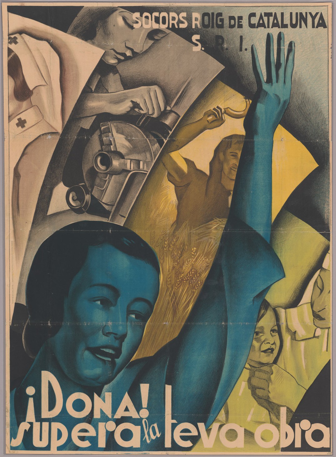 "¡Dona! supera la teva obra" poster with Harry C. Shepard Jr. letter on verso , Veterans of the Abraham Lincoln Brigade, Bay Area Post records, 1928-1995, BANC MSS 71/105 z. Courtesy of The Bancroft Library, University of California, Berkeley.