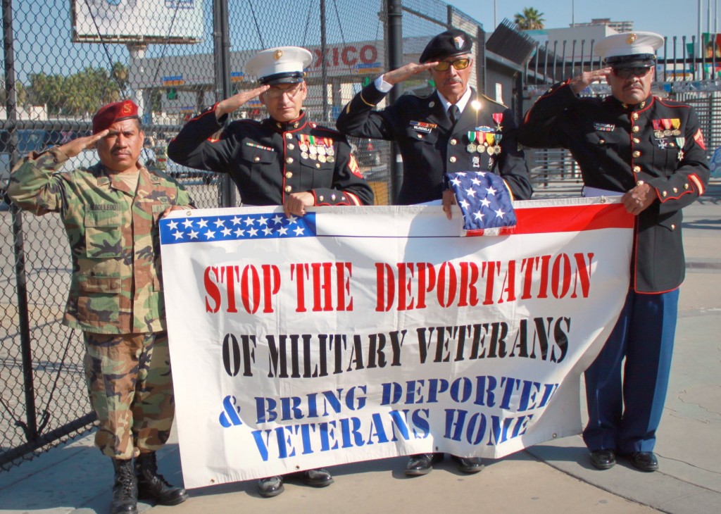 Rally for Banished Veterans and Veterans Facing Possible Deportation (At San Ysidro/Tijuana Border Point of Entry), Feb. 2010. From left to right: Fabian Rebolledo, Salvadore C. Torres, Valente Valenzuela, Manuel Valenzuela. Photo April Arreola, CC BY-NC-ND 2.0.