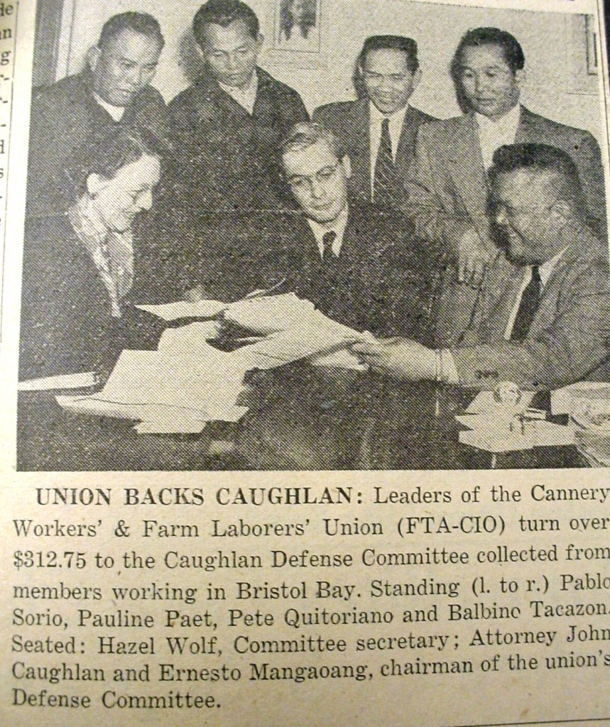 Cannery Worker's Union leaders contribute to the Caughlan Defense fund after the attorney was indicted for perjury in a blatant attempt to shut down the legal wing of the CRC and the Communist movement. (New World August 9, 1948). Courtesy of UW Seattle.
