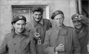 Lincoln-Washington Officers, Aaron Lopoff, Milton Wolff, George Watt, Joseph Brandt, Darmos, May 1938. The 15th International Brigade Photographic Unit Photograph Collection; ALBA Photo 11; ALBA Photo number 11-0423 (E0596). Tamiment Library/Robert F. Wagner Labor Archives. Elmer Holmes Bobst Library, 70 Washington Square South, New York, NY 10012, New York University Libraries.