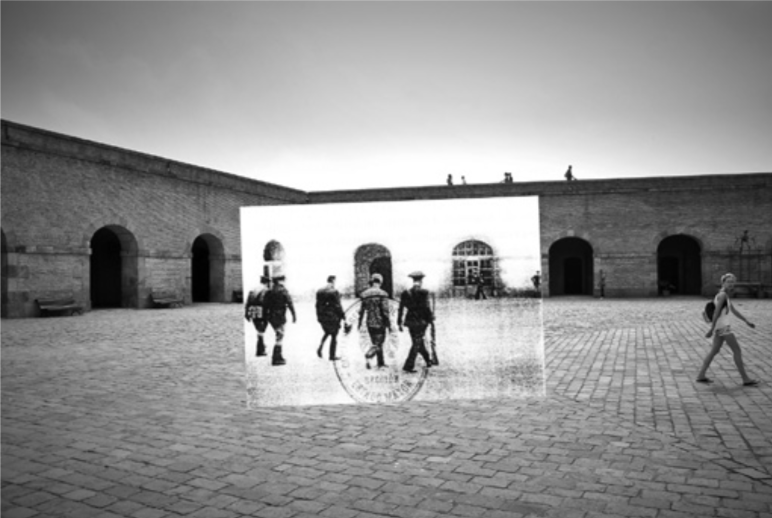 Patio de armas del castillo de Montjuïc. Barcelona, Ricard Martínez, 2011. On October 14, 1940, Lluís Companys, President of the Catalan Generalitat, is brought before a military tribunal, a few hours before his execution. (Photo credit original image: unidentified, 1940 / Archivo Varela, Cádiz).